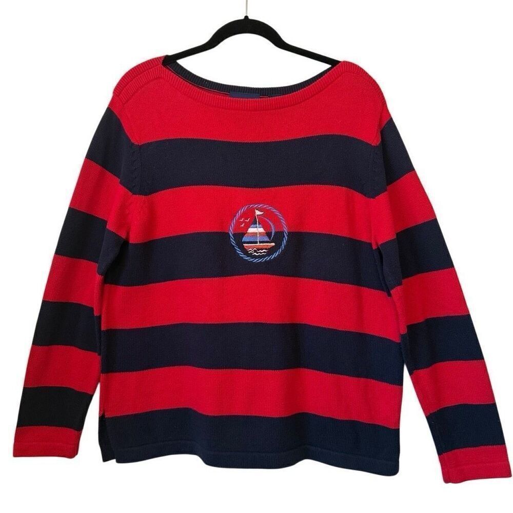 VTG Crazy Horse, Liz Claiborne Red & Navy Striped Swtr Sz XL Preppy, Nautical
